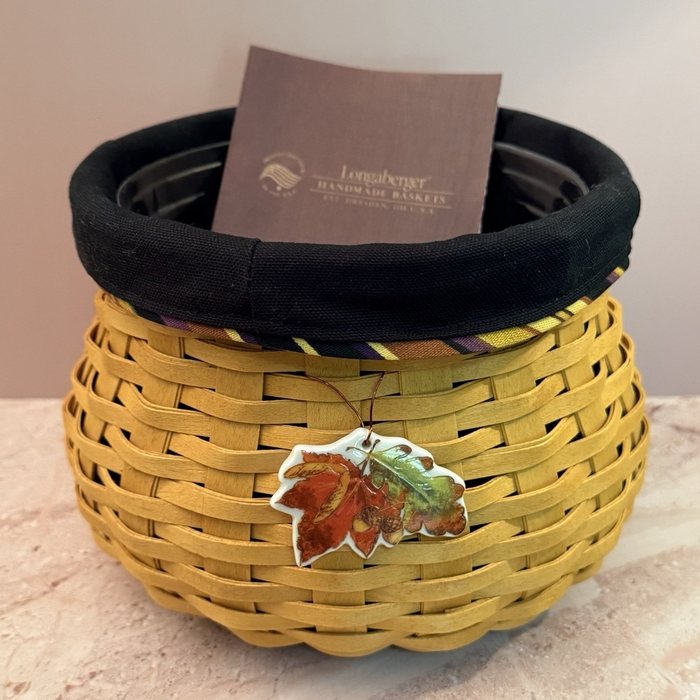 Longaberger 2007 Large Fall Gourd Basket Autumn Stripe Liner & Foliage Tie-On